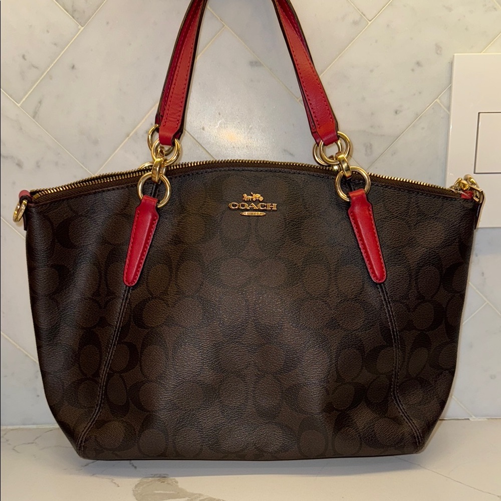 COACH Small Kelsey Satchel Signature Brown Allover Pattern